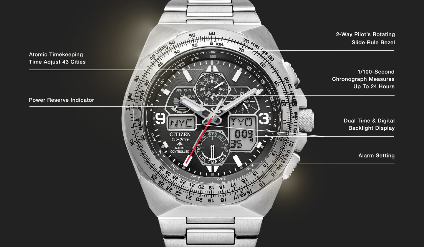 Watch diagram showing features of Men's Promaster Skyhawk A-T model JY8120-58E Watch diagram showing features of Men's Promaster Skyhawk A-T model JY8120-58E