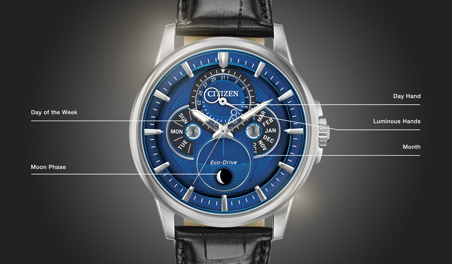 Watch diagram showing features of Men's Calendrier model BU0050-02L Watch diagram showing features of Men's Calendrier model BU0050-02L