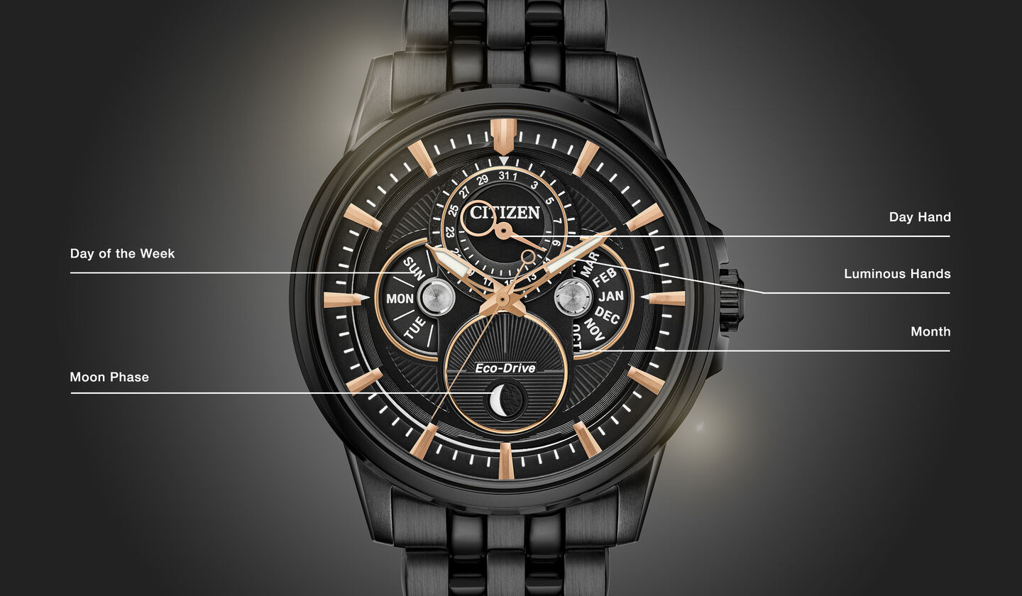 Watch diagram showing features of Men's Calendrier model BU0057-54E Watch diagram showing features of Men's Calendrier model BU0057-54E