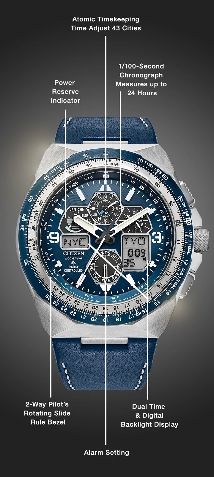 Watch diagram showing features of Men's Promaster Skyhawk A-T model JY8148-08L Watch diagram showing features of Men's Promaster Skyhawk A-T model JY8148-08L