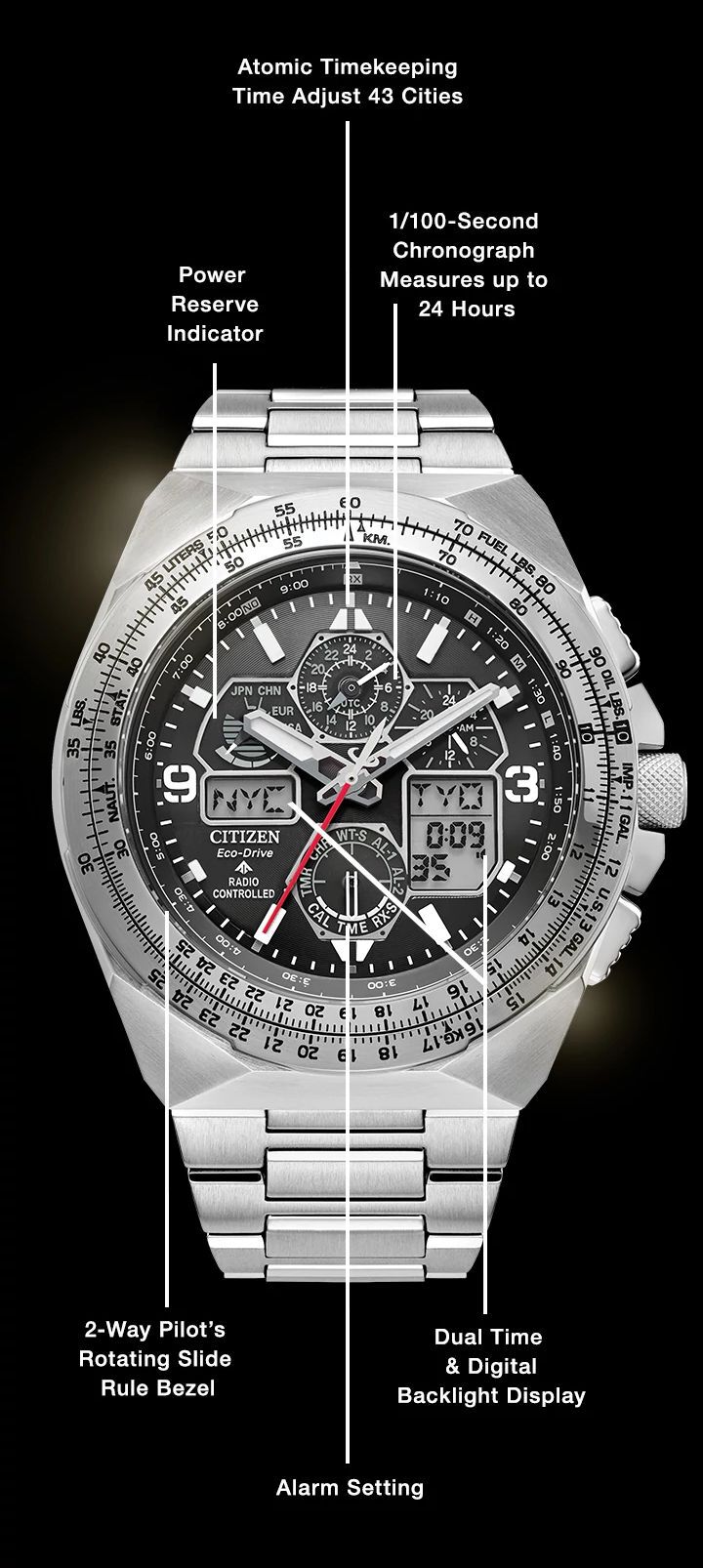 Watch diagram showing features of Men's Promaster Skyhawk A-T model JY8120-58E Watch diagram showing features of Men's Promaster Skyhawk A-T model JY8120-58E