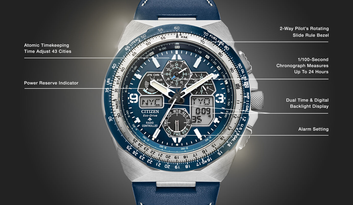 Watch diagram showing features of Men's Promaster Skyhawk A-T model JY8148-08L Watch diagram showing features of Men's Promaster Skyhawk A-T model JY8148-08L