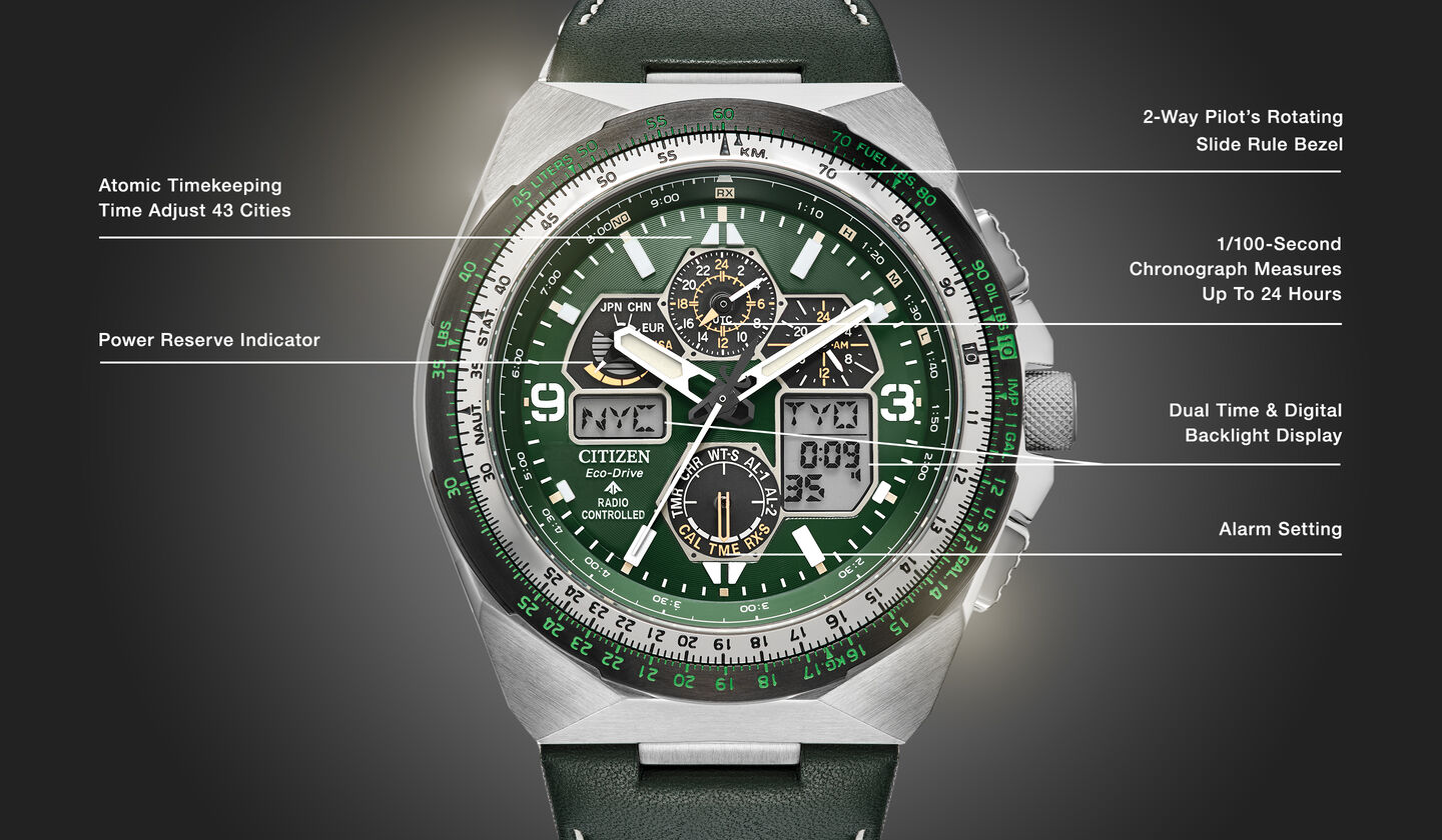 Watch diagram showing features of Men's Promaster Skyhawk A-T model JY8147-01X Watch diagram showing features of Men's Promaster Skyhawk A-T model JY8147-01X