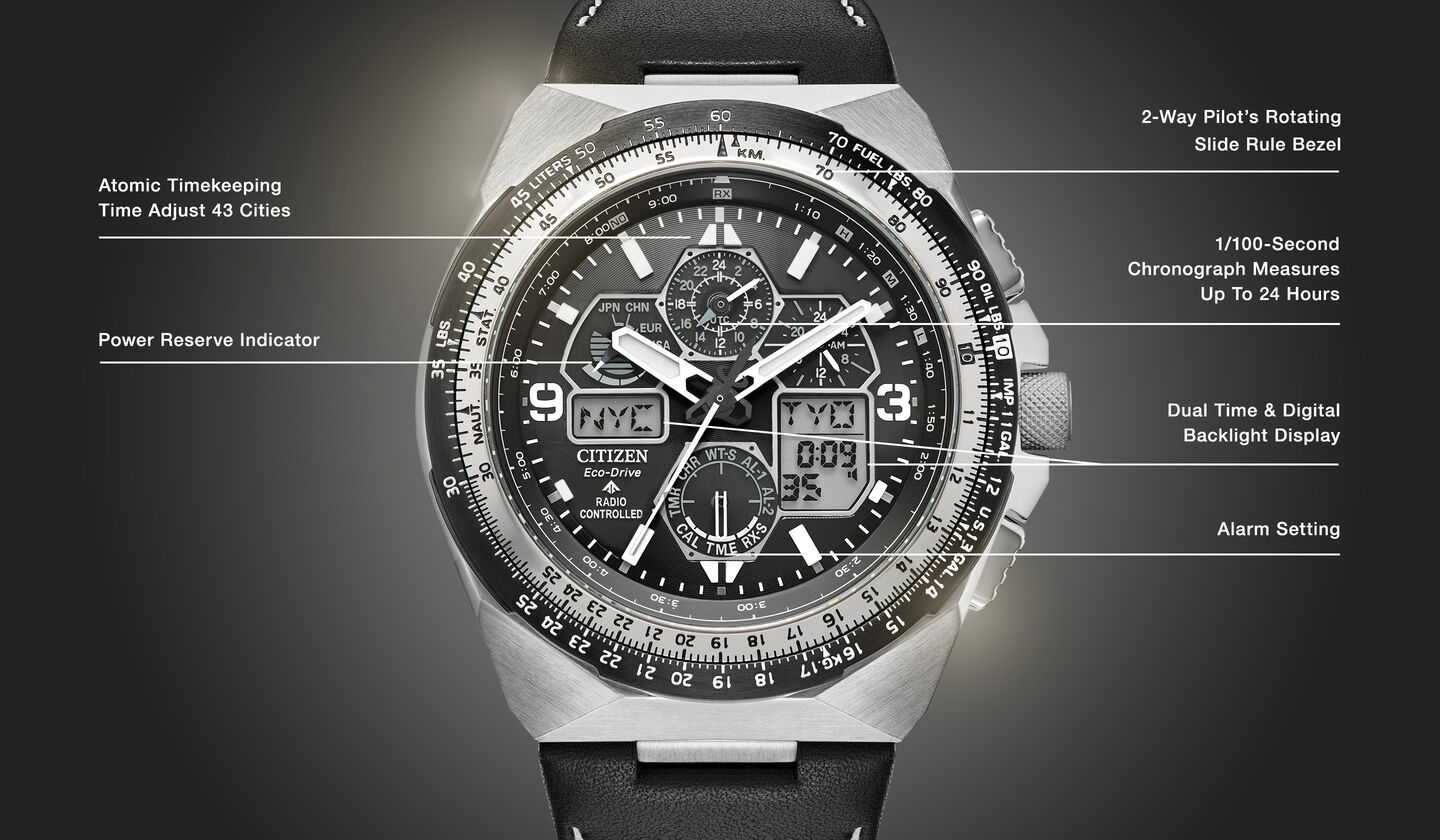 Watch diagram showing features of Men's Promaster Skyhawk A-T model JY8149-05E Watch diagram showing features of Men's Promaster Skyhawk A-T model JY8149-05E