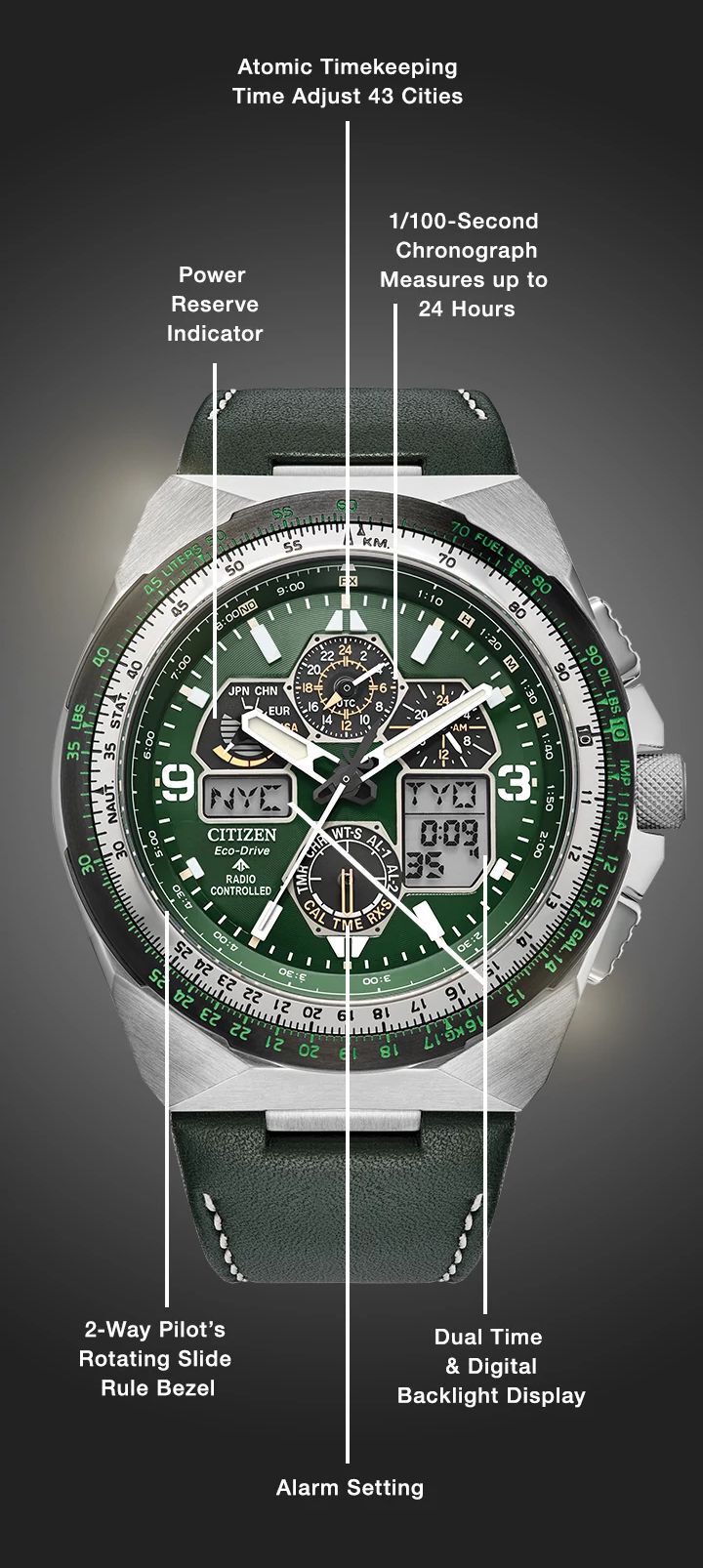 Watch diagram showing features of Men's Promaster Skyhawk A-T model JY8147-01X Watch diagram showing features of Men's Promaster Skyhawk A-T model JY8147-01X