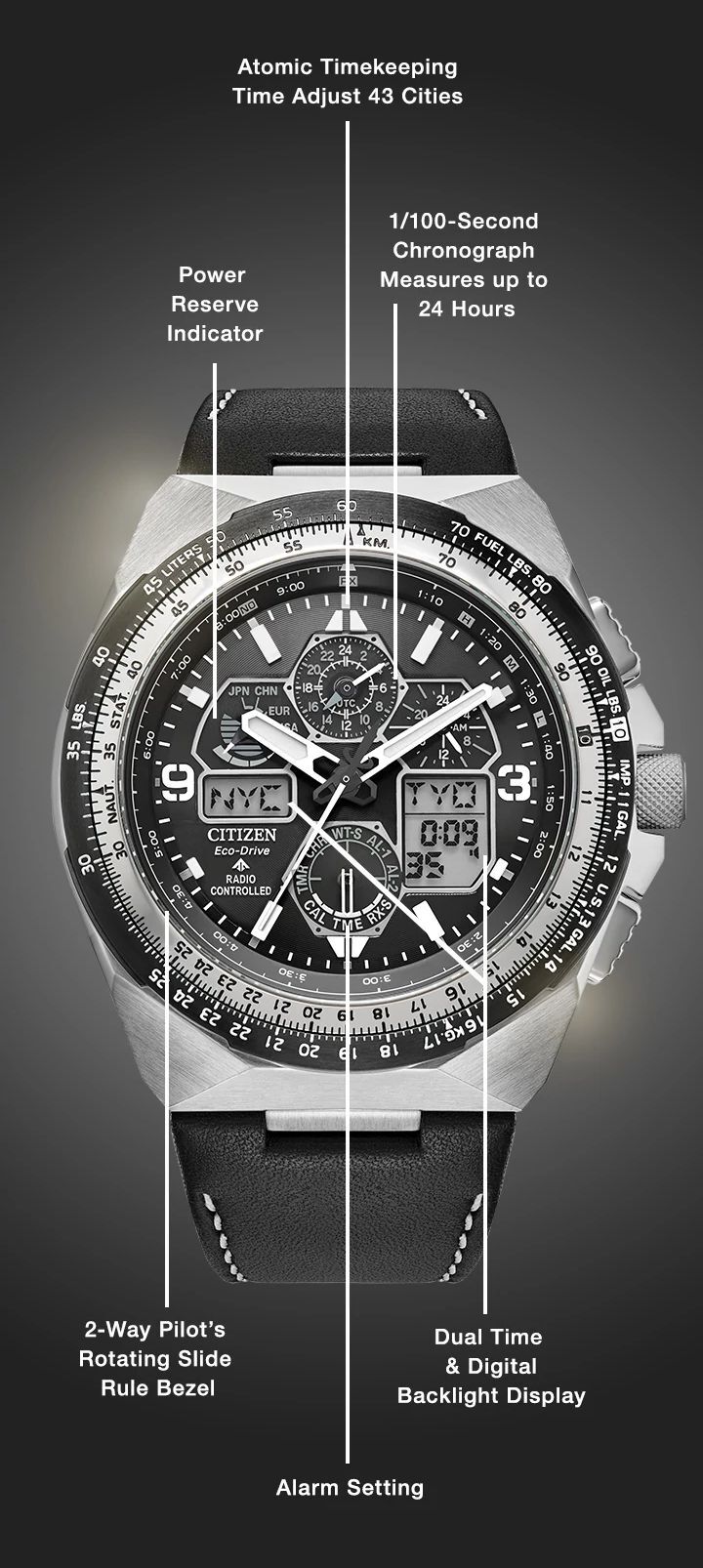 Watch diagram showing features of Men's Promaster Skyhawk A-T model JY8149-05E Watch diagram showing features of Men's Promaster Skyhawk A-T model JY8149-05E